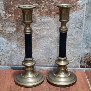Vintage Pair Brass Candlestick Holder Black Accents Spindle Column